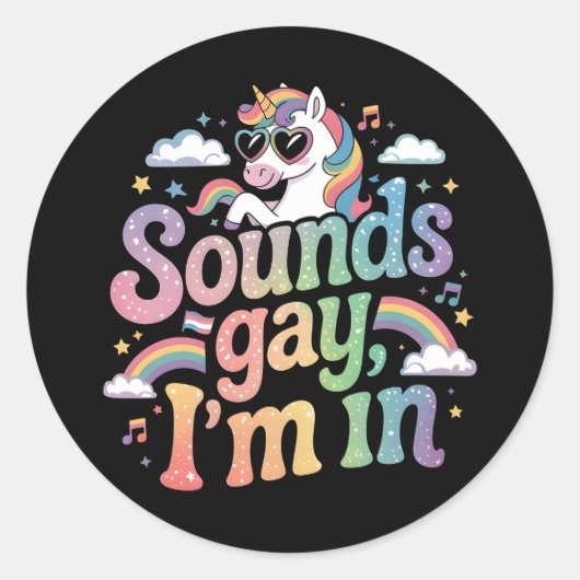 Klinkt homo Ik ben in LGBT-regenboogeenhoorn Ronde Sticker (Voorkant)