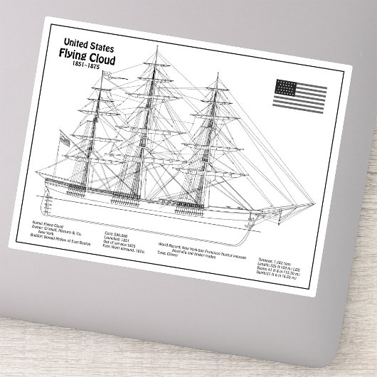 Klipperschip Flying Cloud - Scheepsblauwdruk BD Sticker