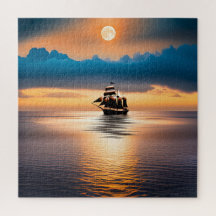 Klipperschip op maanverlichte oceaan