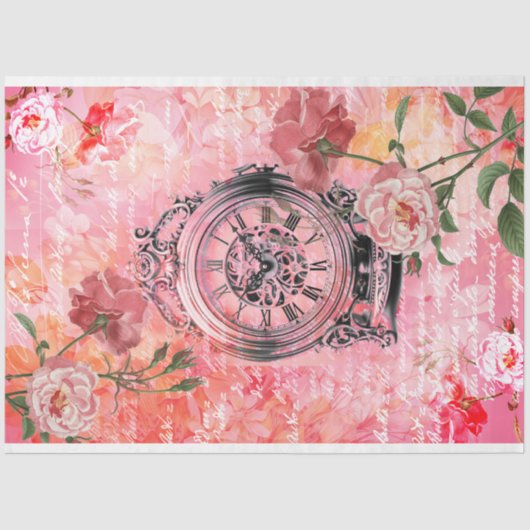 klok en roze rozen Decoupage Tissuepapier (Voorkant)