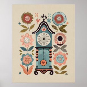 Klok met bloemen in volkskunststijl - Koekoek in b Poster