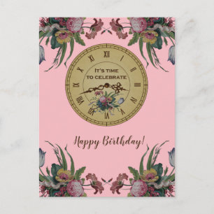 klok met Flowers Birthday Party Uitnodiging Briefkaart