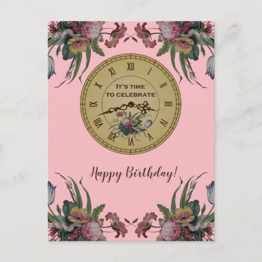 klok met Flowers Birthday Party Uitnodiging Briefkaart (Voorkant)