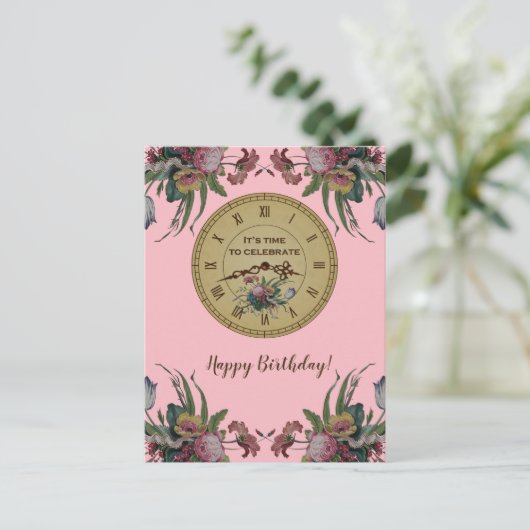  klok met Flowers Birthday Party Uitnodiging Briefkaart (Staand voorkant)