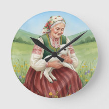 Klok met vintage volks kunst oma en lam op muur