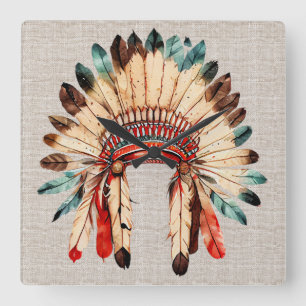 Klok voor Native American hoofdtooi aan de muur