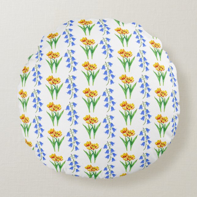 Klokjes en Gele Tulpen Accentkussen Rond Kussen (Voorkant)