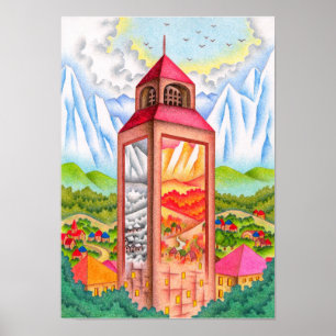Klokkentoren die de vier seizoenen belichaamt. poster