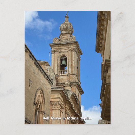 Klokkentoren in Mdina, Malta. Briefkaart (Voorkant)