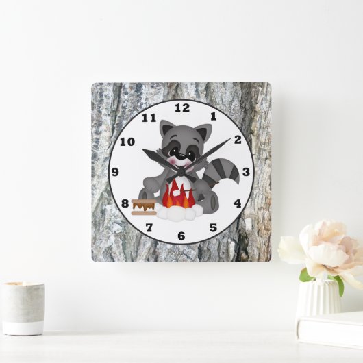 Klokkklok van Cute Campkin Raccoon Vierkante Klok (Huis)