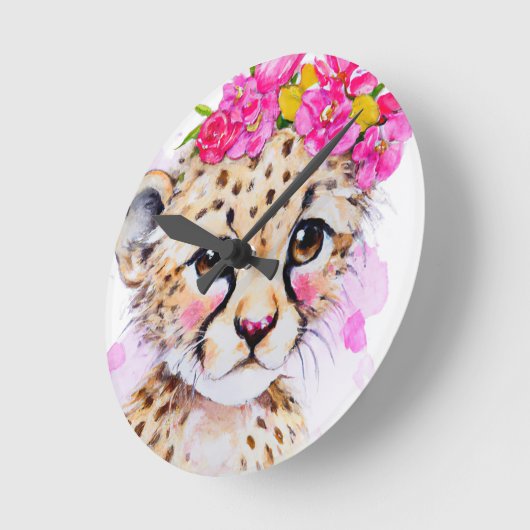 Klokklooster Baby Cheetah met roze bloem Ronde Klok (Hoek)