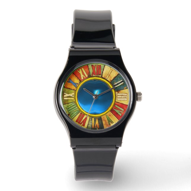KLOOFTIJD MET GEMSTON MET AFDRUKTE BLAUWE SAPPHIRE HORLOGE (Voorkant)