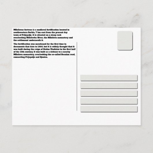 KLOOSTERS VAN SERVIË - Fort Mileševac Briefkaart (Achterkant)