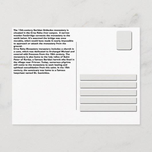 KLOOSTERS VAN SERVIË - Klooster van Crna Reka Riba Briefkaart (Achterkant)