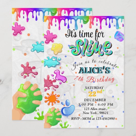 KLORFUL SLIME BIRTHDAY INVITATIE VOOR KINDEREN KAART (Voorkant / Achterkant)