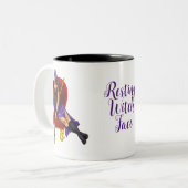 klote heks, paars, zwart, rood en goud tweekleurige koffiemok (Voorkant links)