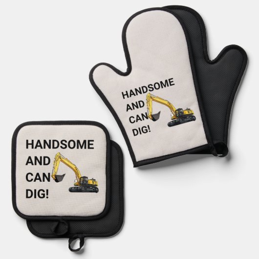 Knap en Kan Graven Graafmachine Bouw Grappig Ovenwant & Pannenlap Set (Voorkant / Achterkant)