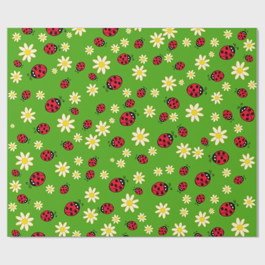 knap ladybug- en daisy-bloempatroon groen cadeaupapier (Vlak)