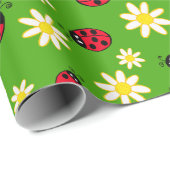 knap ladybug- en daisy-bloempatroon groen cadeaupapier (Rol Hoek)