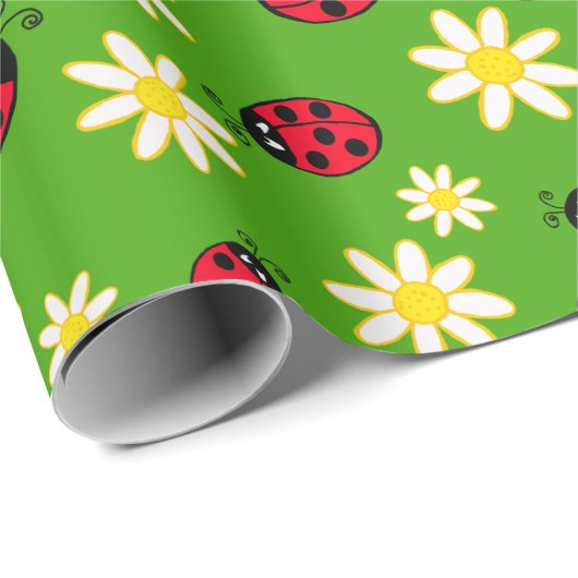 knap ladybug- en daisy-bloempatroon groen cadeaupapier (Rol Hoek)