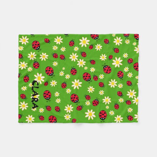 knap ladybug- en daisy-bloempatroon groen fleece deken (Voorkant (Horizontaal))