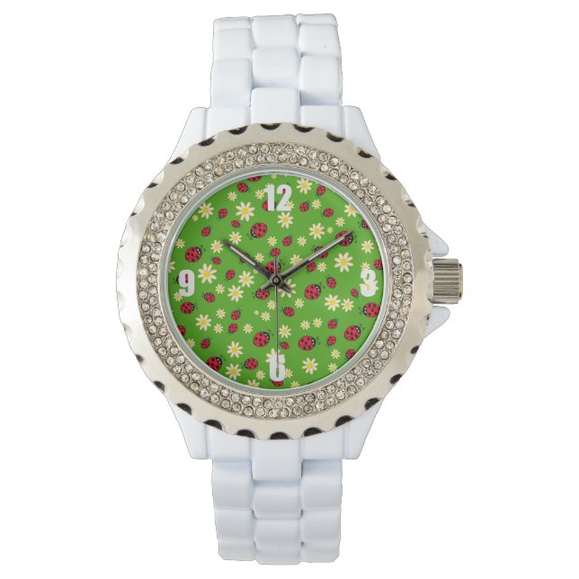 knap ladybug- en daisy-bloempatroon groen horloge (Voorkant)