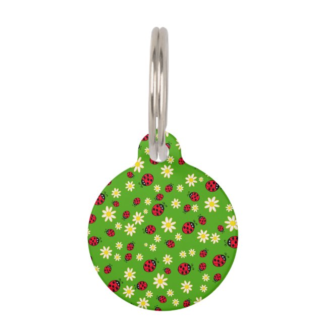 knap ladybug- en daisy-bloempatroon groen huisdierpenning (Voorkant)