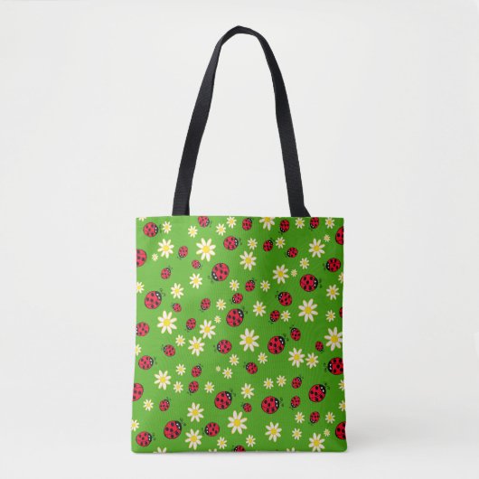 knap ladybug- en daisy-bloempatroon groen tote bag (Voorkant)
