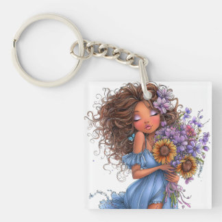 KNAP MEISJE MET ZOMERTHEMA GEKLEED IN BLAUW SLEUTELHANGER