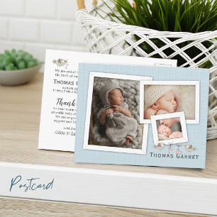 Knappe baby in het blauw gefotografeerd geboorteka briefkaart