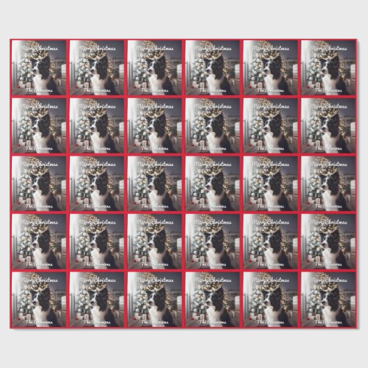 Knappe Border Collie en Kerstboom Rood Cadeaupapier (Vlak)