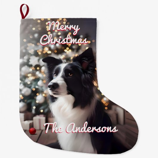 Knappe Border Collie en Kerstboom Rood Grote Kerstsok (Voorkant)