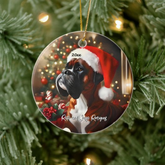 Knappe Boxer met Santa Hat Keramisch Ornament (Boom)