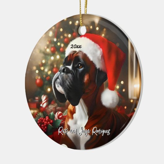 Knappe Boxer met Santa Hat Keramisch Ornament (Links)