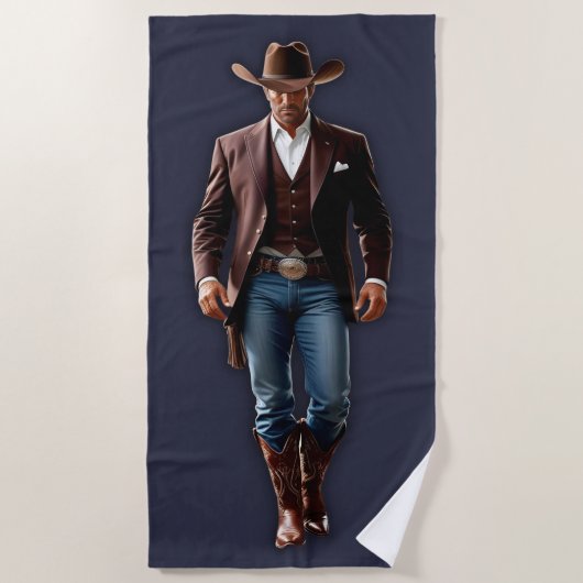 Knappe Cowboy Navy Blauw & Bruin Strandlaken (Voorkant)