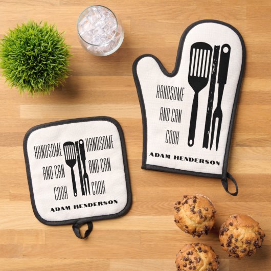 Knappe en kan koken aangepaste naam ovenwant & pannenlap set (Top down)