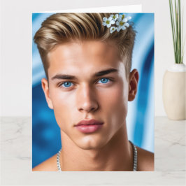 Knappe Jongeman met Blauwe Ogen en Witte Bloemen Kaart