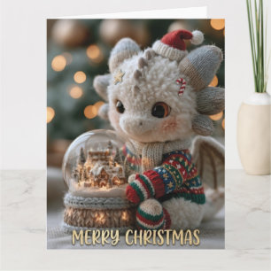 Knappe Kerst Draak Knuffel met Sneeuwbol  Kaart