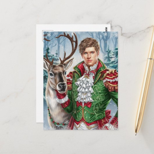 Knappe man en een rendier briefkaart (Voorkant / Achterkant in situ)