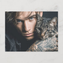 Knappe Mannen & Katten Kunst Ansichtkaart