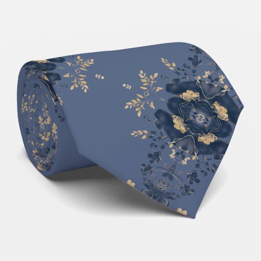 Knappe Navy Blue Floral Botanical Stropdas (Opgerold)