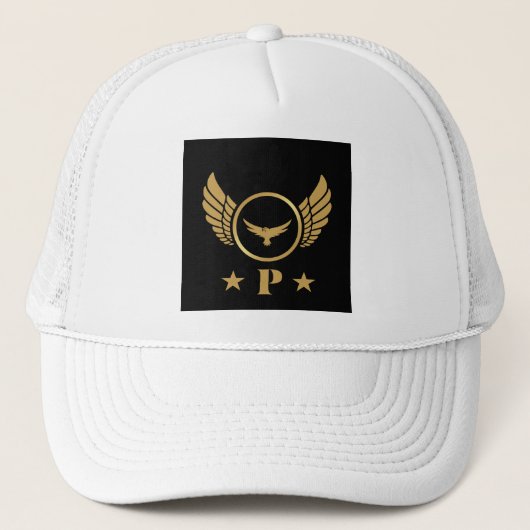 Knappe P Initiaal Gedrukt Goud Vliegende Eagle afb Trucker Pet (Voorkant)