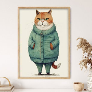 Knappe Sinaasappel Kat In Groene Trui, Grappige Ka Poster