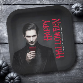 Knappe vampier drinkt bloed Gelukkig Halloween Papieren Bordje