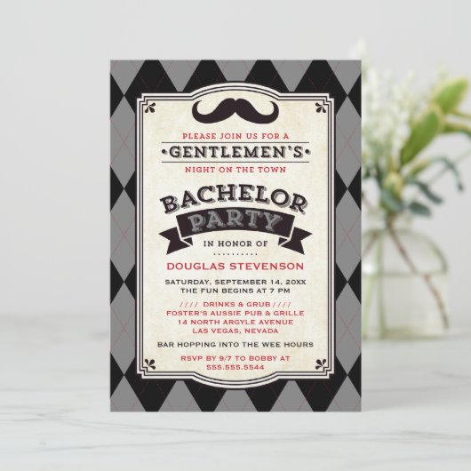 Knappe zwarte en grijze argyle vrijgezellenfeest kaart (Staand voorkant)