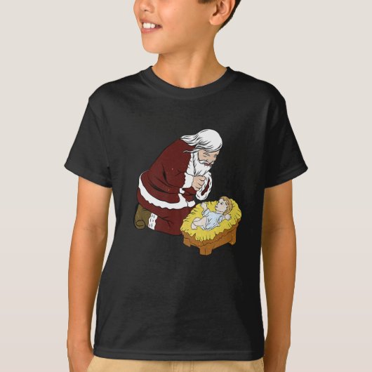 Kneeling kerstman met Baby Jesus T-Kerstmis T-shirt (Voorkant)