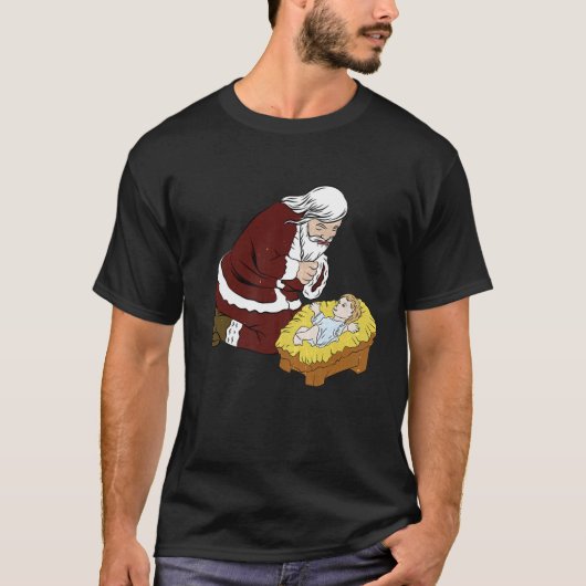 Kneeling kerstman met Baby Jesus T-Kerstmis T-shirt (Voorkant)