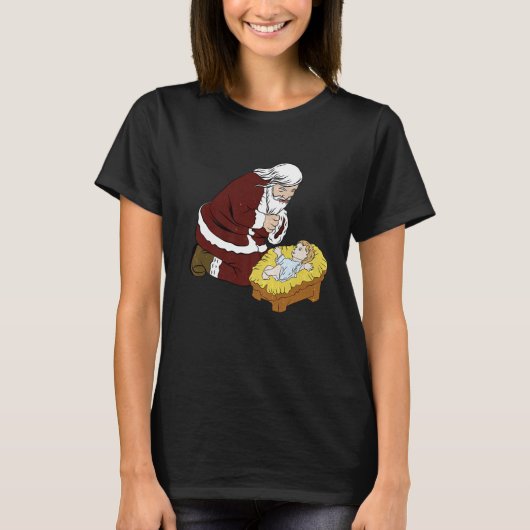 Kneeling kerstman met Baby Jesus T-Kerstmis T-shirt (Voorkant)