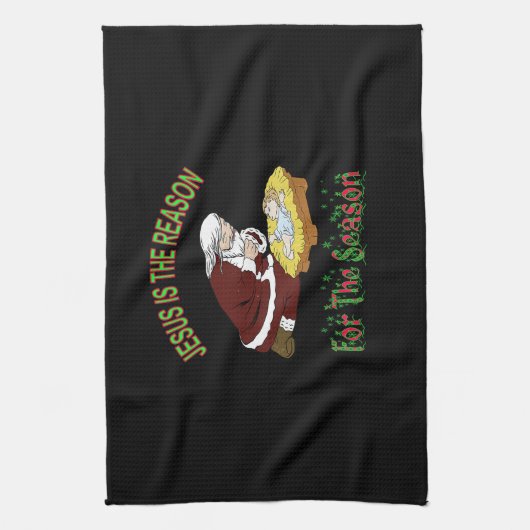 Kneeling kerstman met Baby Jezus is de Reason T-Sh Theedoek (Verticaal)