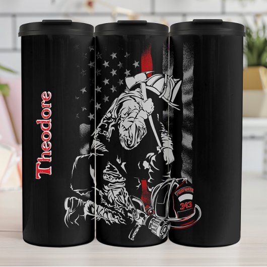Knielende brandweerman Thin Red Line Thermosbeker